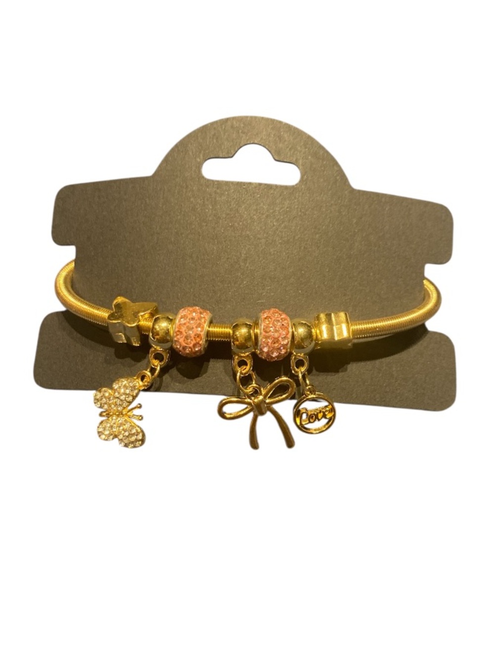 Gold Tone Bracelet with Butterflies & Pink Crystal Beads and Charms.